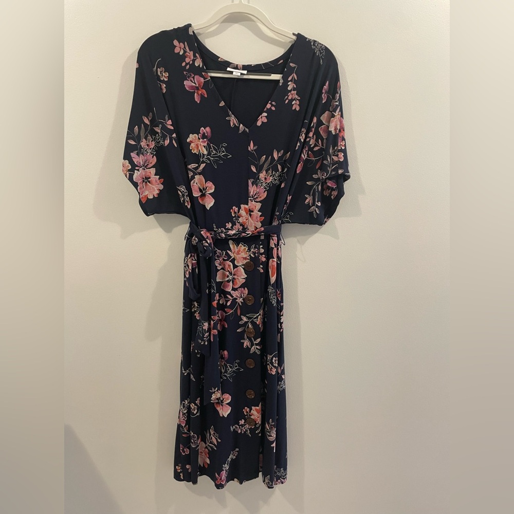 J Jill Navy Floral Jersey Dolman Sleeve Belted Dress with Pockets Size XL Petite